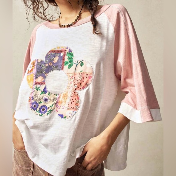 Floral Patchwork Cotton Top - Pink & White - Picture 2 of 7